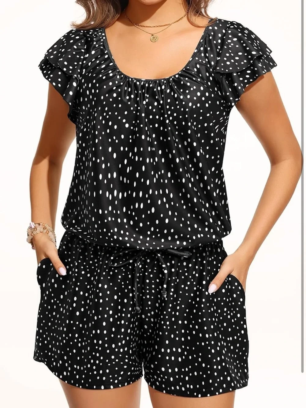 One Piece Romper Swimsuit - Ruffle Sleeve Modest Jumpsuit W/Shorts. 1967/8-3